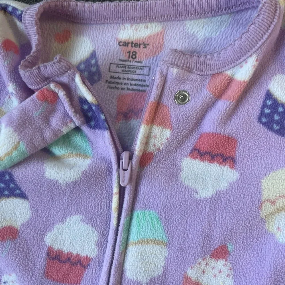 * CARTERS Purple‎ Cupcake Print Fleece Blanket Sleeper Girls 18 months